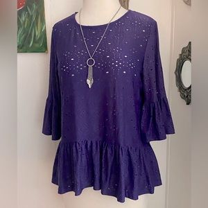 Sharon Ford New York designer top 1/2 bell sleeve pretty purple hole pattern S